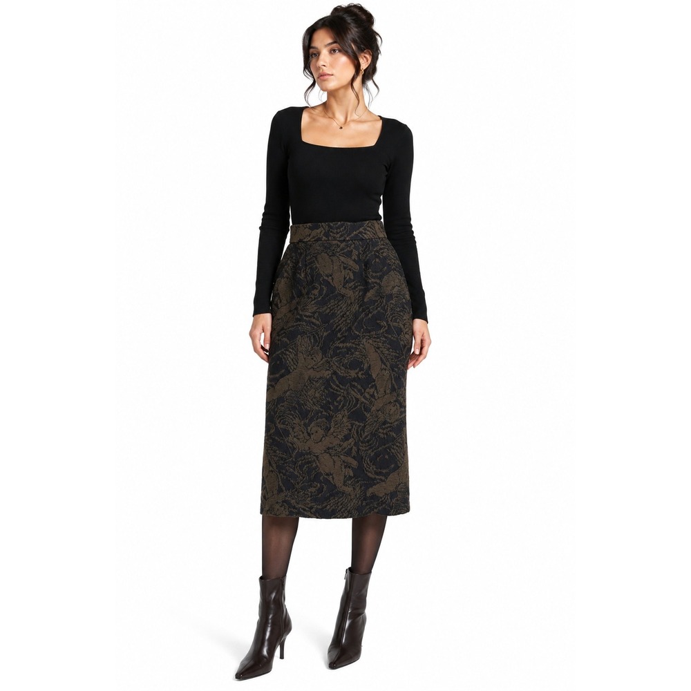 Cherub Angel Jacquard Midi Skirt Wool Blend Japanese 11 Brown Whimsigoth CHACOK